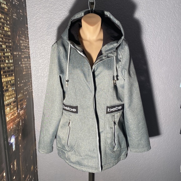 BEBE - tunic jacket: grey lined utility l/s hooded flared w pockets & logos - XL - Picture 2 of 16